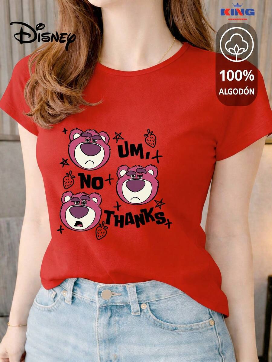 Made From 100% High-Quality Cotton, This T-Shirt Guarantees Exceptional Softness To The Touch, With A Round Neck, "Disney No Thanks" Print, And Short Sleeves. - 紅色 - 查看 1