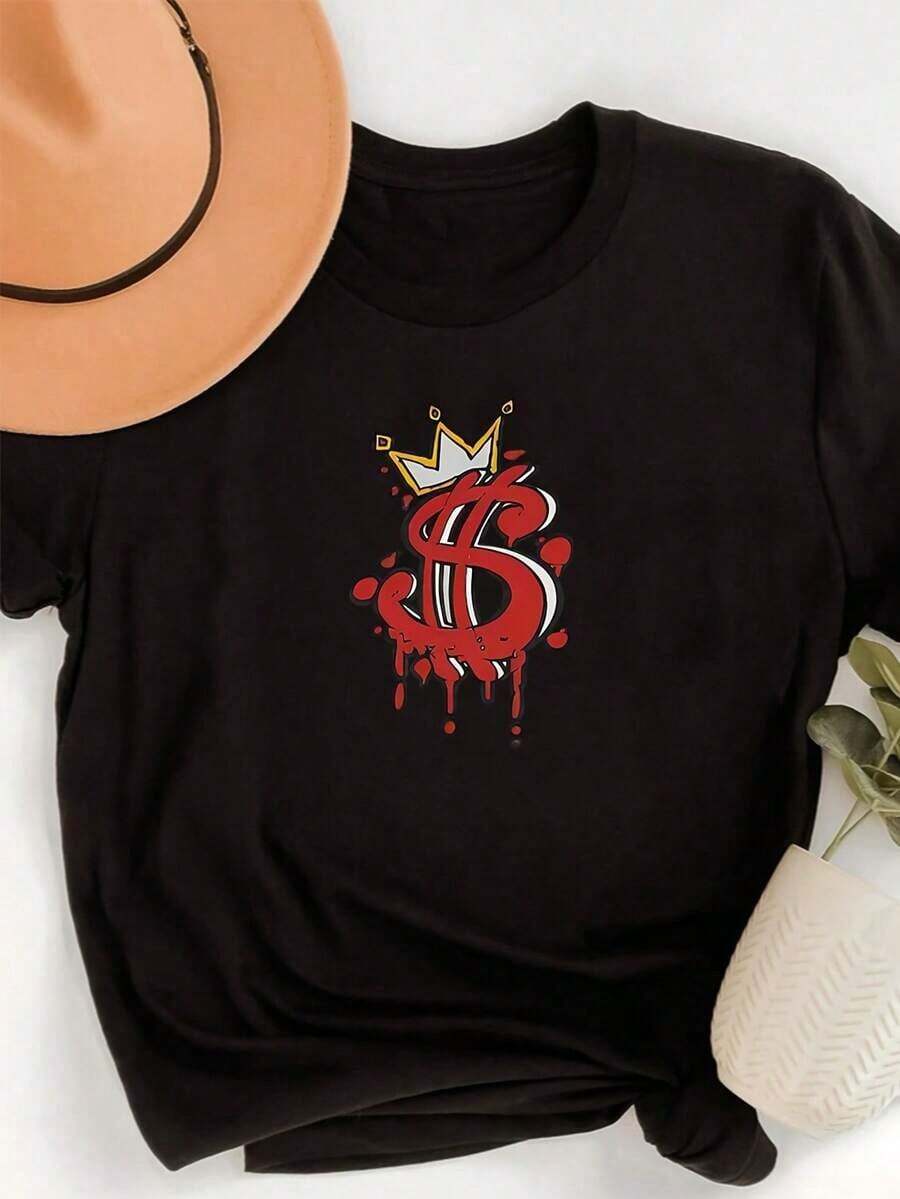 Graffiti T-Shirt With Black Crown And Letter G For Women And Men - Casual Short-Sleeve Crew Neck Tee With Geometric Crown And Letter G Design, Color Blocking, Machine Washable, All-Season Streetwear - Compatible With The Xxx Brand. Women's Blouses > Clothing - 黑色 - 查看 1