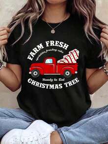 100% Cotton, 1 Piece. Farmer T-Shirt With Christmas Tree Truck, Graphic Tees For Women. 100% Soft Cotton. Women's Simple Solid Color T-Shirt, Loose And Slim Fit Casual Short Sleeve - 黑色 - 查看 7