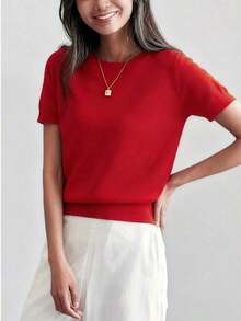 Camiseta de punto de manga corta de unicolor y peso ligero para mujer, top de verano minimalista en rojo - Rojo - Ver 3
