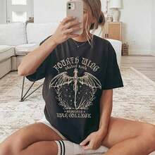 Vintage Oversized Shirt With Collage Design Of Basgiath, Fourth Wing Dragon Rider, Gift For Book Lovers, Fandom Merch, Voilet Xaden Riors, Cool Summer Clothing For Women - Black 6 - View 1