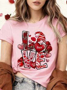 Cute Dwarf Heart-Shaped Roses Print T-Shirt, Short Sleeve Crew Neck Casual Top For Summer & Spring, Women's Clothing Birthday Presents Holiday Presents - 粉紅色 1 - 查看 12