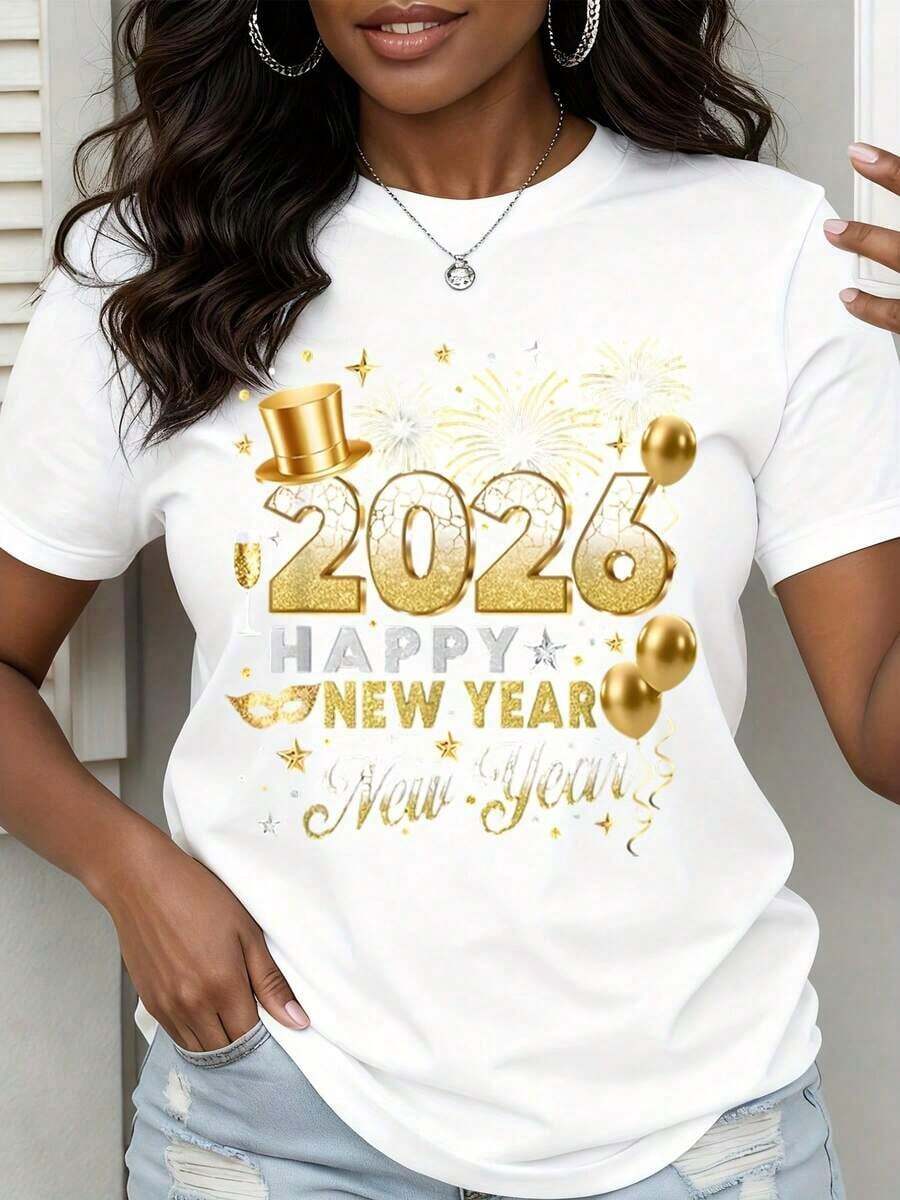 New Year's 2026 T-Shirt With Gold Glitter Design, Party T-Shirt For Celebration, Casual Top For Women, New Year's Eve Outfit - Vintage Urban Style, Unisex, Loose Cotton Short Sleeve T-Shirt With Round Neck, 100% Cotton - 白色 - 查看 1