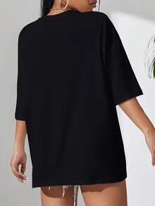 Camisetas vintage 100% algodón, estilo casual europeo y americano, con estampado de retrato de sol y luna en negro, cuello redondo simple, manga corta, 100% algodón. - Negro - Ver 5