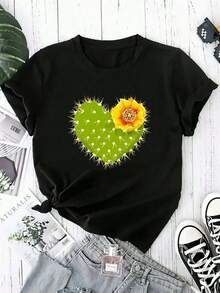 Camiseta holgada de manga corta para primavera/verano, adecuada para mujeres de talla grande, con un cómodo diseño de corazón de cactus y flores del desierto, combinada con vibrantes apliques geométricos, perfecta para el verano. Amigable, Estilo Holgado, Vintage Y2K, Casual para Vacaciones, Ropa de Fin de Semana - Negro - Ver 1