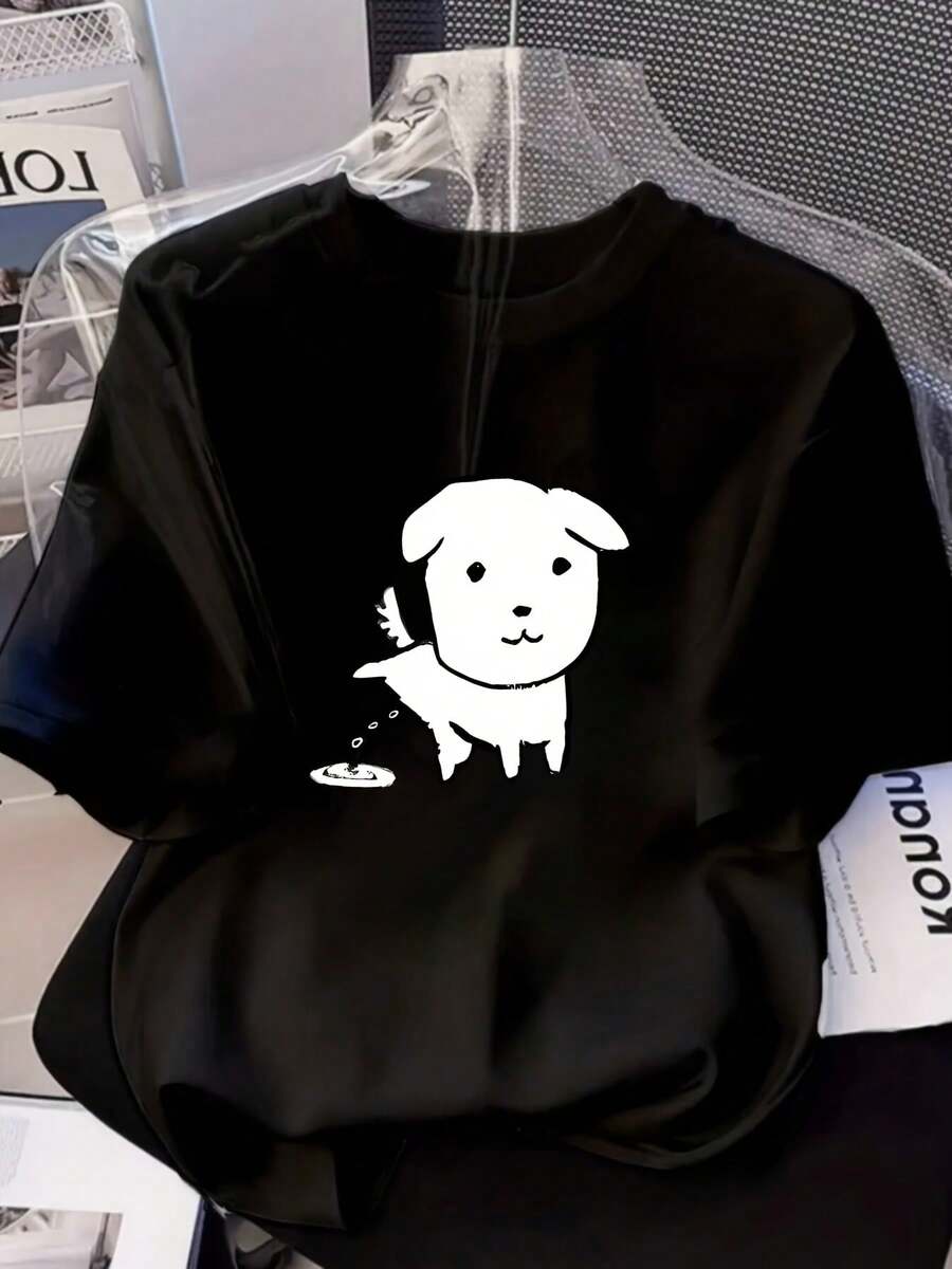 Bobari Friends Oversize T-Shirt, With Hand-Painted Puppy Raising Its Paw Design, Fun And Funny Dog Print, Loose And Versatile Style, Ideal For Couples And Best Friends, Short Sleeve - High Quality. - 黑色 - 查看 1
