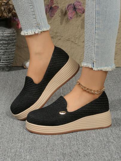 Women's Casual Slip-On Loafers, Faux Linen Rope Woven Platform Wedge Shoes