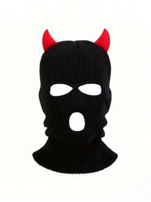 1pc Men's Knitted Beanie Hat With Horn Holes, Balaclava Style Outdoor Casual Cap, Windproof & Warm For Spring/Autumn Travel - Black and Red - View 3