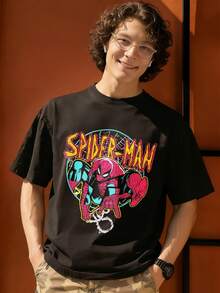 Spider Man Web Heart Chain Graphic T Shirt 100 Percent Cotton Men's Shirt MARVEL Marvel Universe Superhero Summer Outfits Men's Clothes Mens Tops Streetwear Mens Gift Ideas Innerwear Or Outfits,Mens Fashion - màu đen - Xem 1