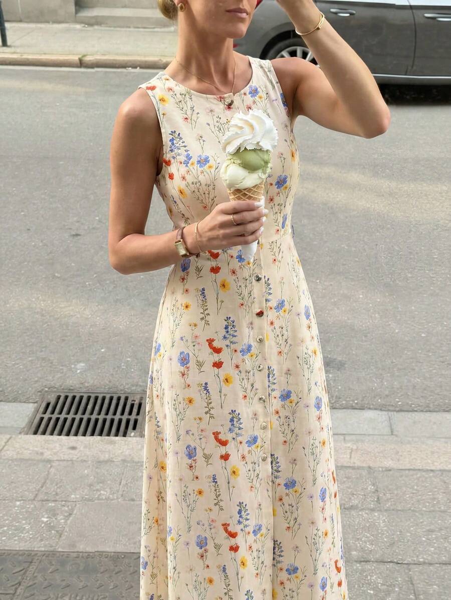 女士优雅无袖印花连衣裙,前襟纽扣设计,梭织面料,优雅夏季连衣裙,优雅派对度假装。 - 彩色 - 查看 1