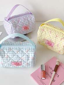 Nail Art Decoration Accessories, Plaid Grid Bow Makeup Bag Small Size Portable Nail Art Tool Storage Bag, Personal DIY Nail Art Tool Storage Bag - Multicolor - View 2