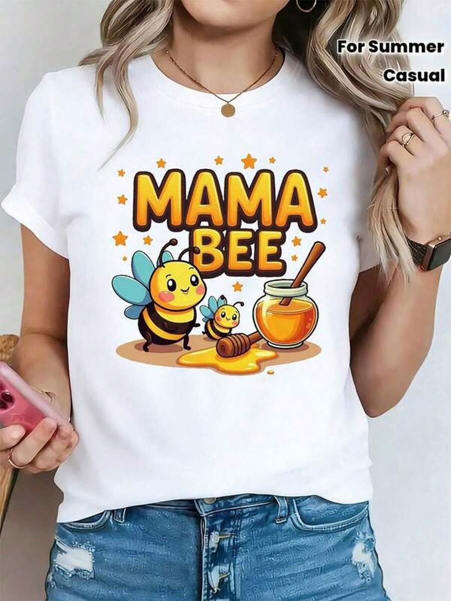 Camiseta de manga corta con cuello redondo y estampado para mujer Abeja Madre Con Tarro De Miel Y Abejas S-3XL moda, cómodo y transpirable uni lavable a máquina
