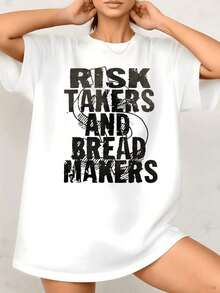 Women's T-Shirt With "Risk Takers And Bakers" Graphic Print, Inspirational Quotes, 100% Cotton, Crew Neck, Casual Everyday Style, 1 Piece. Excellent Gifts For Friends And Family. - 白色 - 查看 1