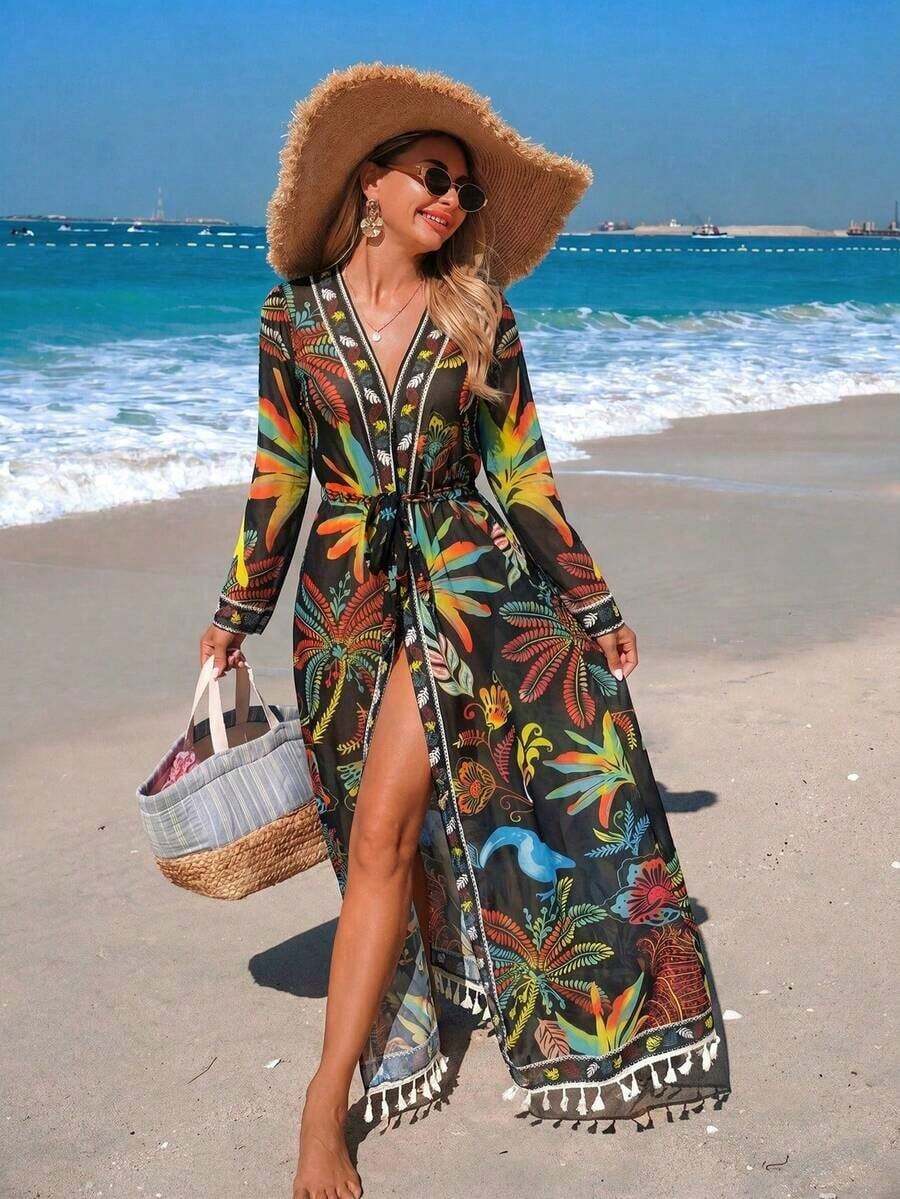 2026 Nuevo Kimono de malla estampado para mujer, Cubierta de playa larga, Elegante y casual - Multicolor - Ver 1