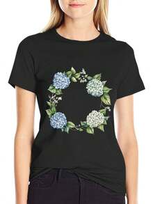 1 pieza talla grande - Camiseta de mujer de corte holgado - Top de cuello redondo, camisa casual transpirable para uso diario, adecuada para todas las estaciones, tanto para atuendos casuales como formales, camiseta de mujer, ropa de verano, estampado floral geométrico, camiseta cómoda, top de corte holgado, top a la moda, material ligero, camiseta de manga corta, para entusiastas de la moda, 180g Algodón 100%. - Negro - Ver 3