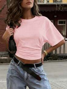 Y2K Style, Modern Style, Newest 2026, Cute Style, Casual Style, Women's Blouses > Clothing. New Stylish And Fashionable Solid Color T-Shirt, Casual, Versatile, With A Gathered Waist, Suitable For Daily Wear, School, Beach, Vacation, And Summer Home Wear, 180g (Sizes S-XXXL). - 杏桃粉 - 查看 4