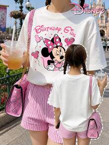 Pure Cotton Short-Sleeved T-Shirts For Teenage Girls, Featuring Minnie Mouse "Birthday Girl" Print. Loose And Comfortable Fit, Sweet Summer Style, Suitable For Everyday Wear, Disneyland Outings, And Casual School Settings. - 白色 - 查看 1