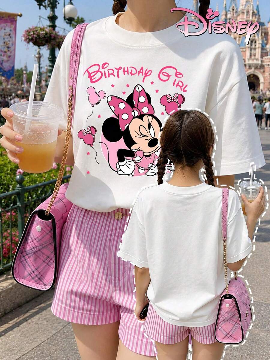Pure Cotton Short-Sleeved T-Shirts For Teenage Girls, Featuring Minnie Mouse "Birthday Girl" Print. Loose And Comfortable Fit, Sweet Summer Style, Suitable For Everyday Wear, Disneyland Outings, And Casual School Settings. - 白色 - 查看 1