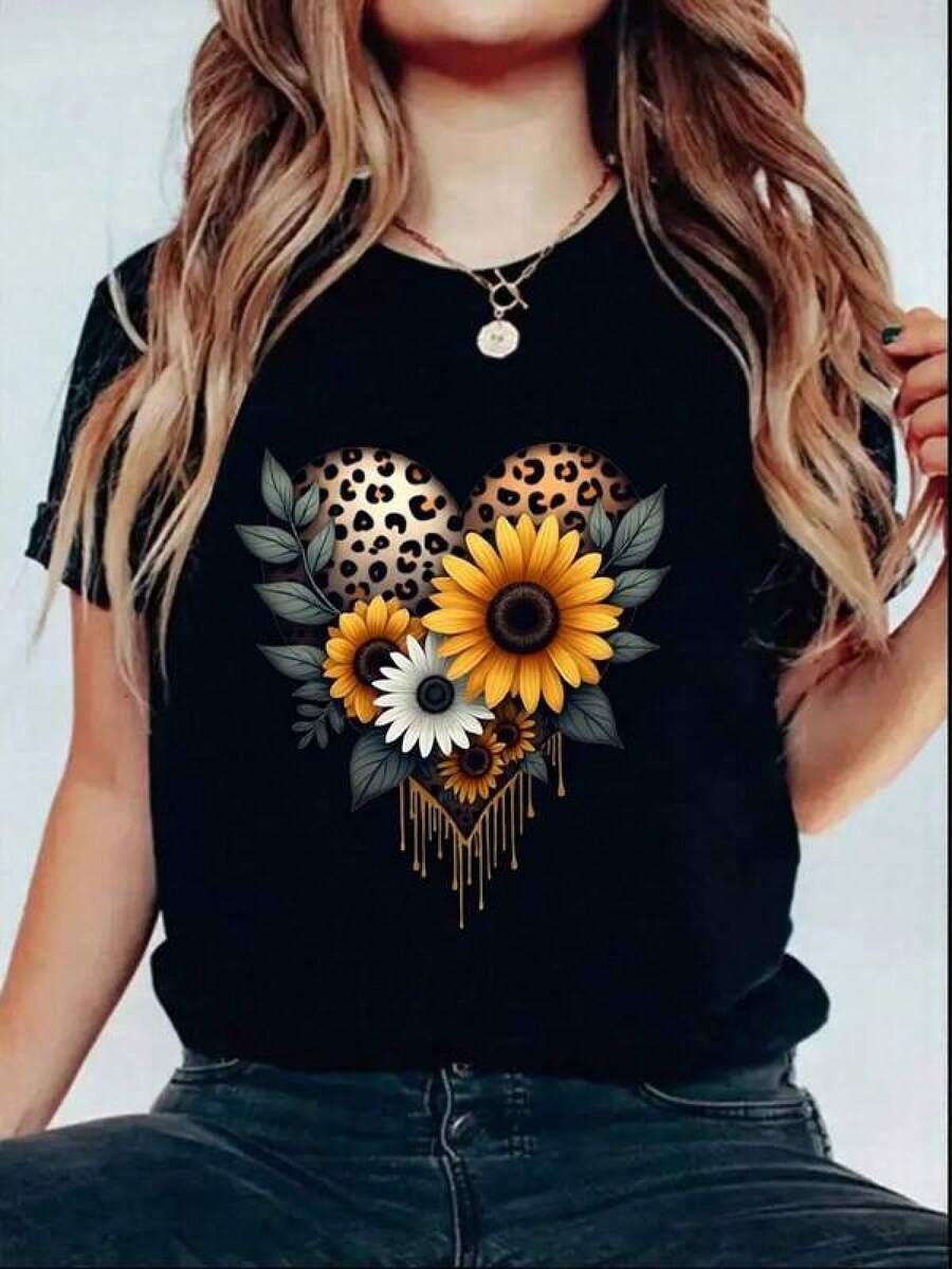 Camisetas Para Mujer AlgodónT-shirt con Estilo de Corazón Leopardo y Flores para Mujeres Jóvenes, Cómoda y Atemporal, Ideal para el Día Casual, Disponible en Tallas S-XL, Color Negro, Ropa Femenina Popular. mundial 2026 - Negro - Ver 1