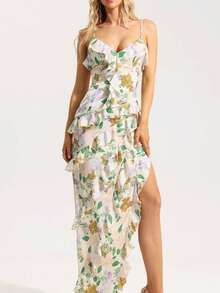 Vestido largo de noche gasa floral hombros al aire primavera verano elegante etéreo estilo europeo para mujer - Dorado - Ver 1
