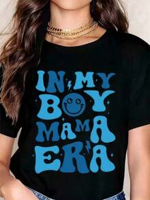 Cool Women's T-Shirt, Casual Women's T-Shirt, Mother's Day T-Shirt With The Phrase "In My Mom And Son Era", Casual, Round Neck And Short Sleeve, Perfect As A Birthday Gift And For Mother's Day, Suitable For Wearing In All Seasons, For Daily Outdoor Use. - 黑色 - 查看 6