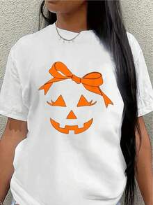 Polyester Short-Sleeved T-Shirt, Decorated With An Orange Pumpkin Face And Bow Design, Lightweight And Durable, Suitable For Halloween Parties, Everyday Casual Wear, At Home Or Outdoors, Comfortable Fit For Adults. Women's Casual Blouse - 白色 - 查看 7
