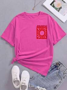Camiseta con Estampado de Girasol para Vacaciones, Holgada, Casual, de Cuello Redondo y Manga Corta, para Mujer, Blanca para Regreso a Clases - rosa brillante - Ver 4