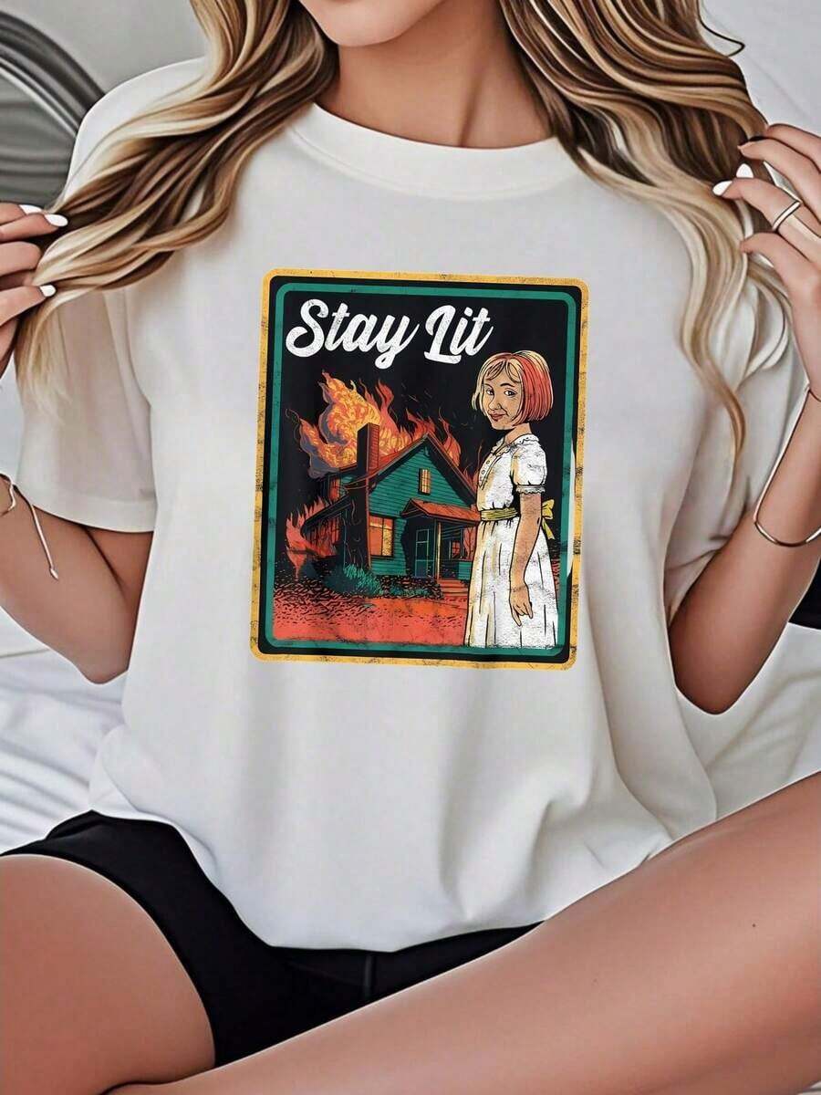 Women's Casual Loose Fit T-Shirt, Available In Black And White, 'Stay Lit House Fire' Graphic Print, Summer Everyday Wear T-Shirts, Summer Tops, Graphic Tees, Summer Sets, Women's Crop Tops, Casual Blouses For Ladies - 白色 - 查看 1