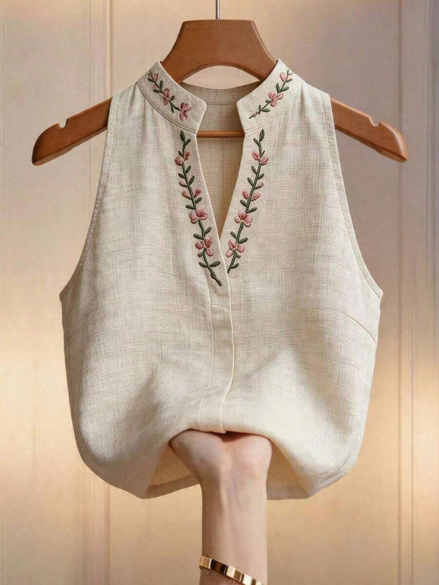 Blusa sin mangas con cuello Mao y bordado floral para mujer, top bordado, conjunto de verano elegante, atuendo para la oficina y el transporte - Albaricoque - Ver 1