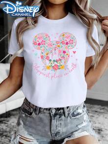 Disney Licensed Women's Spring/Summer New Arrival Pure Short Sleeve Floral Mickey Mouse Print Women's Innerwear Round Neck T-Shirt Versatile Casual Comfortable Women's Wear Available Sizes XS-XXL - trắng - Xem 6