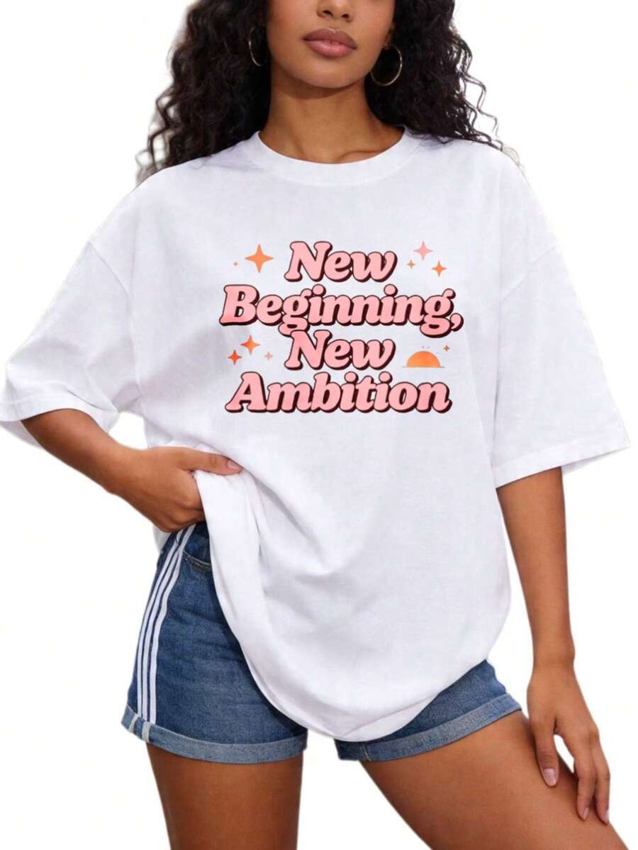 Women's Casual Basic T-Shirt, Crew Neck, Sizes S-2XL, 100% Pure White. Features A "New Beginning, New Goals" Print. Ideal For Lounging At Home And Matching Couple Outfits In Spring And Summer. Great As A Graduation Gift. . - 白色 - 查看 1