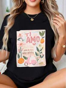 Women's Oversized T-Shirt "Ti Amo Rome Colosseum Vespa" With Italian-Themed Graphic Print, Summer Casual Wear, Holiday Outfit, Gift Idea, 220g, Fitted Graphic T-Shirt Y2K. Women's Cotton T-Shirts - 風格 - 查看 11
