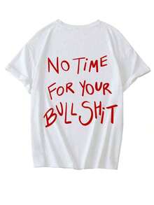Modern, Loose And Stylish Women's T-Shirt With The Phrase "No Time For Your" Handwritten, Breathable And Comfortable, Short Sleeve, Made Of Soft Cotton And Round Neck, Ideal For Casual Outings And Bold Fashion Looks. - 白色 - 查看 3