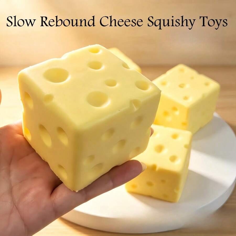 1pc Standard Size TPR Material Swiss Style Cheese Cube Squishy Toy, Slow Rebound Stress Relief Squeeze Toy, Ultra Soft Creamy Realistic Cheese Anxiety Relief Desk Toy, Water-Feel Sensory Fidget Accessory, Father's Day Graduation Summer Party Gift, Moldable Squishy For Desk Decor & Holiday Favor - Multicolor - View 1