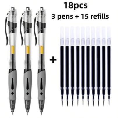Bộ 18 bút bi cỡ lớn, ngòi 0.5mm, mực đen, cầm thoải mái, khô nhanh, viết trơn tru, lý tưởng để ghi chú và viết, hoàn hảo cho văn phòng, học tập, quà tặng năm mới, quà tặng lễ Phục sinh [3 bút + 15 ruột bút thay thế]