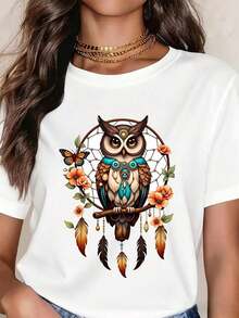 Women's Dreamcatcher Owl Print T-Shirt, Boho Style, Summer Top With Floral And Feather Design For Festivals And Casual Wear, 100% Pure Cotton, Women's T-Shirt - 白色 - 查看 1