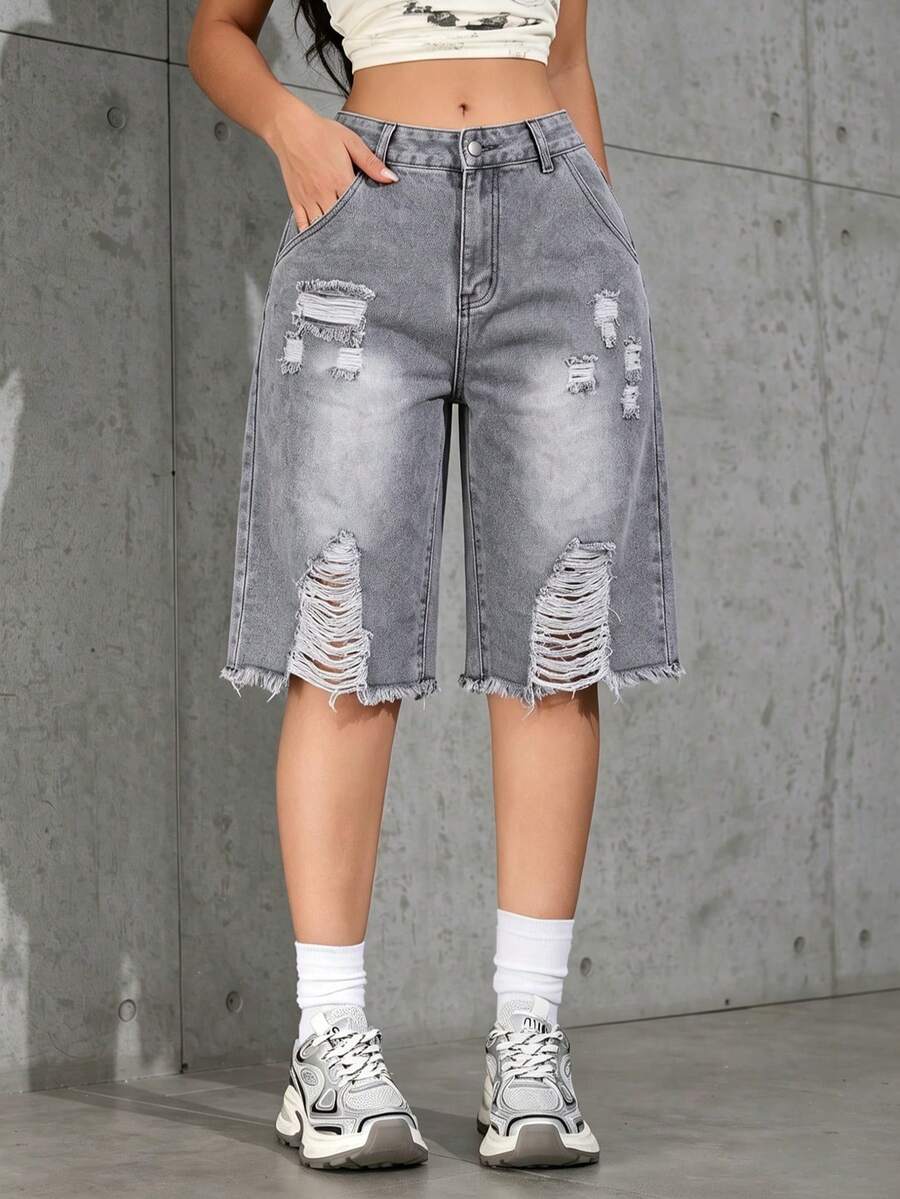 Petite Women's Classic Washed Denim Jeans With Cutout Design, Suitable For Beach Wear Casual Summer - Light Grey - View 1