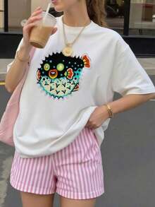 Soft 100% Cotton Plus Size Casual Women's Printed T-Shirt With A Colorful Cartoon Pufferfish Design. Unisex T-Shirt For Women And Men, Suitable For All Seasons, Perfect For Everyday Wear, A Great Gift, And A Fashionable Choice. Breathable Cotton T-Shirt That Goes With Everything. - 白色 - 查看 1
