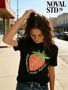 1 Piece Of White Short-Sleeved T-Shirt With Round Neck, Casual Holiday Style, Loose And Multifunctional, With Beatles Strawberry Field Forever Print For Women, Ideal For Everyday Wear. 180g 100% Cotton. - 黑色 - 查看 3