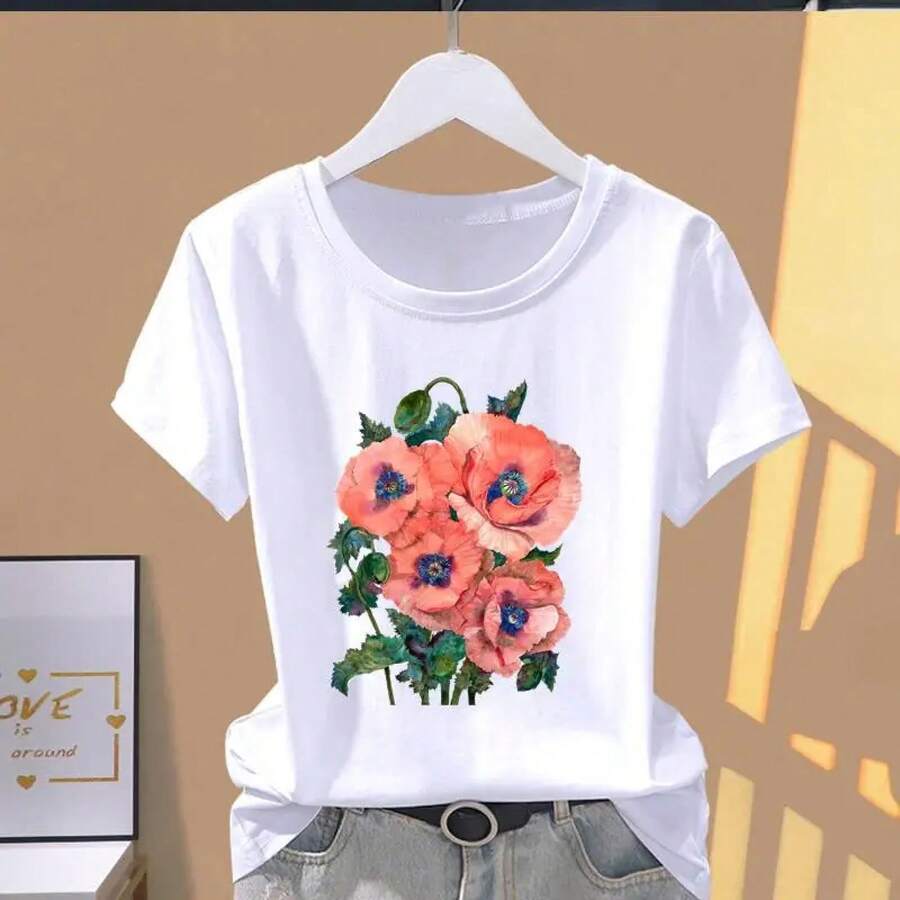 Camiseta de moda 2026, camiseta casual de manga corta con estampado de mariposas para mujer, ropa de mujer, tops, camiseta de talla grande. - Blanco - Ver 1