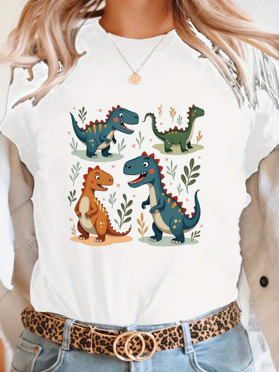 Women's Cartoon Dinosaur Print T-Shirt - Casual Short-Sleeve Crew Neck T-Shirt With A Vibrant Dinosaur And Leaf Design, Medium Stretch, Machine Washable, Comfortable Fit For All Seasons, Fun Dinosaur-Themed Graphic Tee, Women's Blouses Made Of Medium Stretch Fabric. - 白色 - 查看 1
