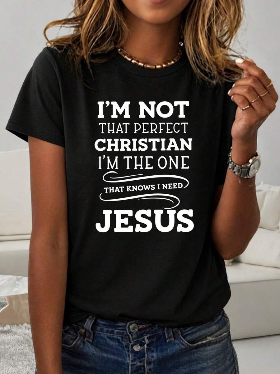 Camiseta Estampada para Mujer - Camiseta Casual Negra de Manga Corta y Cuello Redondo con Texto Blanco en Negrita sobre la Fe. Con un Corte Relajado para Todas las Estaciones, la Elección Perfecta Tanto para el Uso Diario como para tus Atuendos de Vacaciones (Lavable aáquina). - Negro - Ver 1