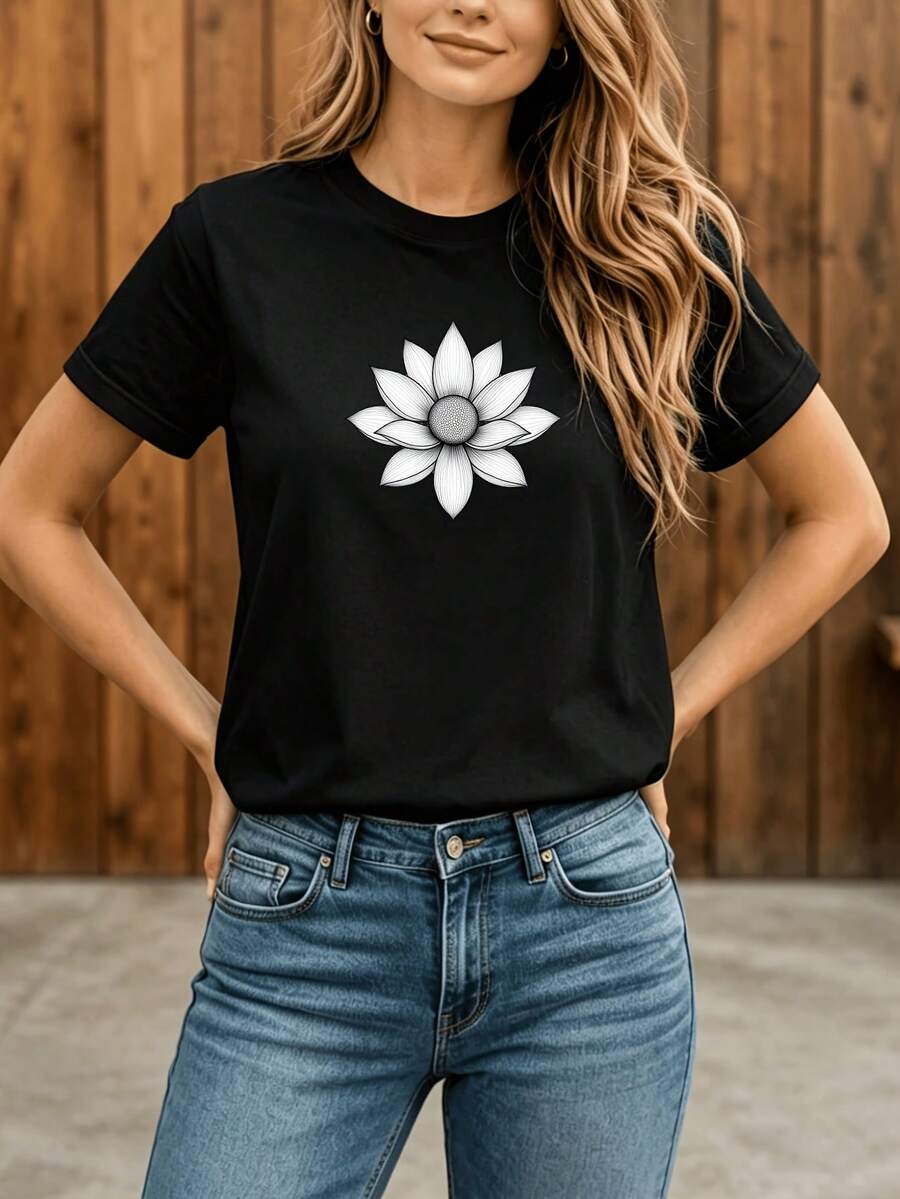 Camiseta Deportiva Casual para con Diseño Gráfico de Flores Blancas - Camiseta Elástica de Cuello Redondo, Lavable aáquina, Ajuste Cómodo y Perfecta para Todas las Estaciones. - Negro - Ver 1