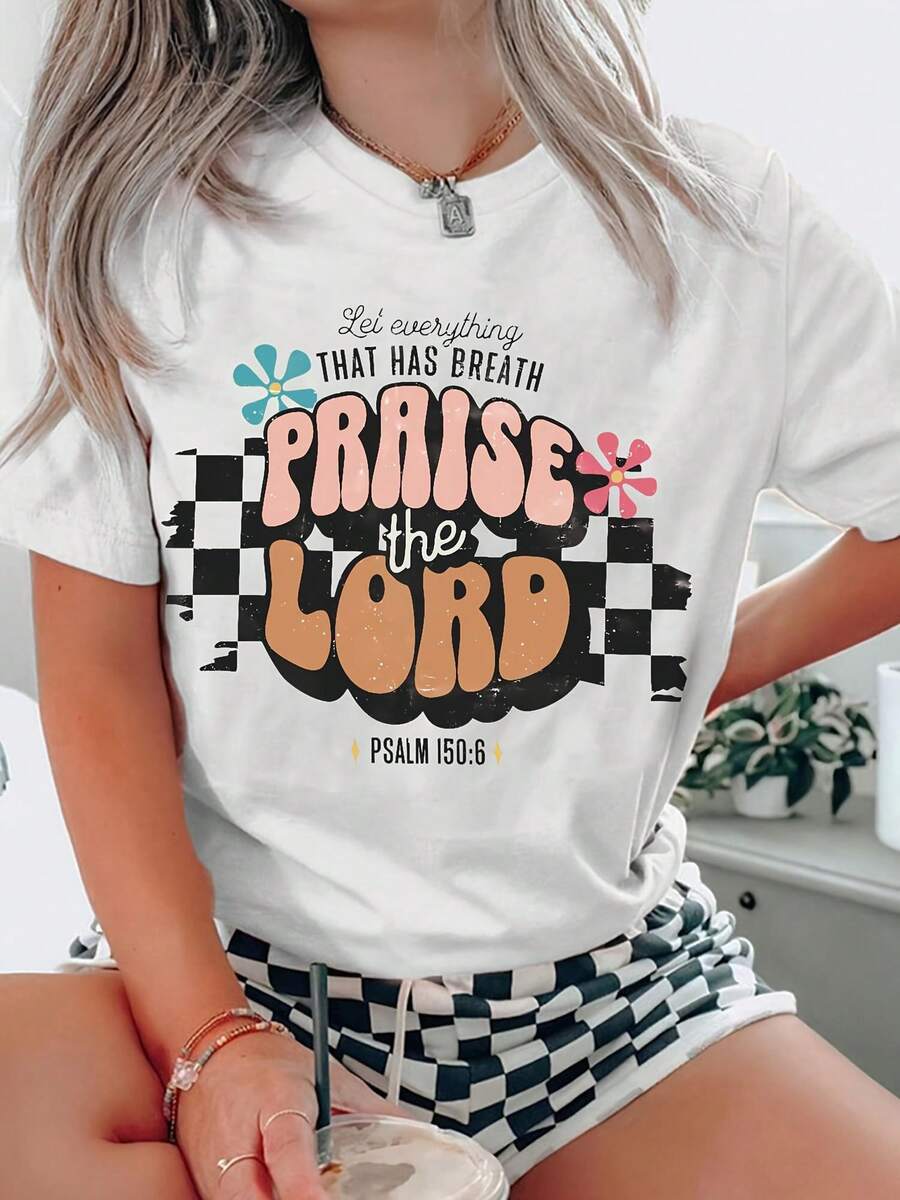 Camiseta Deportiva Casual para Mujer con Gráfico de Texto Colorido --Shirt Elástica de Cuello Redondo con Salmo 146:8, Lavable aáquina, Ajuste Cómodo y Perfecta para Todas las Estaciones. - Blanco - Ver 1
