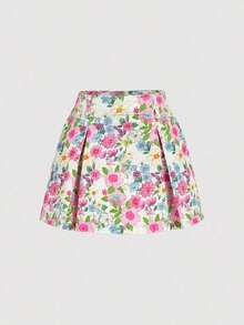 MOD Minifalda vaquera plisada con estampado floral, versátil para citas y salidas de las mujeres - Multicolor - Ver 1