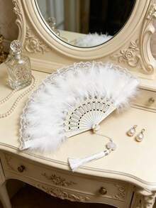 1 pieza Abanico de mano vintage de plumas blanco y negro, decorado con ribete de encaje dorado y borlas de perlas - Estilo elegante gótico lolita victoriano, adecuado para novia de boda, cosplay, fiesta, disfraz de Halloween, accesorio de fotografía, decoración de fiesta de té, baile de máscaras, regalo - A - Ver 3
