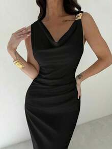 Women's White Asymmetrical Neckline Dress With Ruffles At The Waist, Elegant And Sexy Dress For Work, Vacation, Fashionable And Modern, For Spring/Summer, For Work, Elegant, Sexy, Vacation, Beach, Hawaii, Wedding Season, Graduation Ceremony, Prom - 黑色 - 查看 7