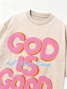 Men's God Is Good Distressed Graphic Tee, Oversized Crew Neck Short Sleeve Vintage Wash T-Shirt, Unisex Boyfriend Fit - 杏色 - 查看 4