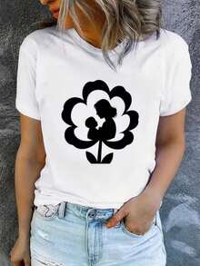 Casual Round Neck T-Shirt, Plus Size T-Shirt For Women, Printed T-Shirt For Women, Printed With The Silhouette Of A Mother And Baby In Flowers - Fun Print, Machine Washable, Casual And Versatile, Loose And Comfortable, A Perfect Gift For A Good Friend. - 白色 - 查看 8