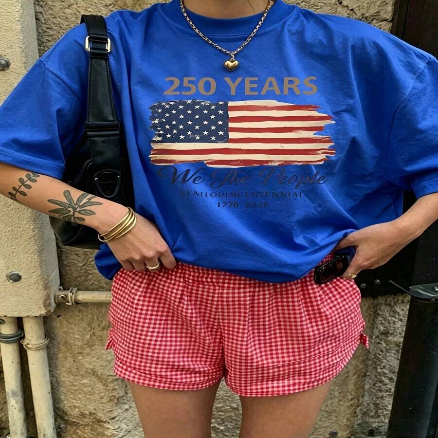 Heartfelt Daily Casual Graphic T-Shirt 100% Cotton Oversized Soft Breathable Casual Crewneck Short Sleeve Top Vintage Aesthetic Red Checkered Shorts Street Style Fashion Lovers Casual Wearers Daily Outfit Enthusiasts Gift Givers - 藍色 - 查看 1